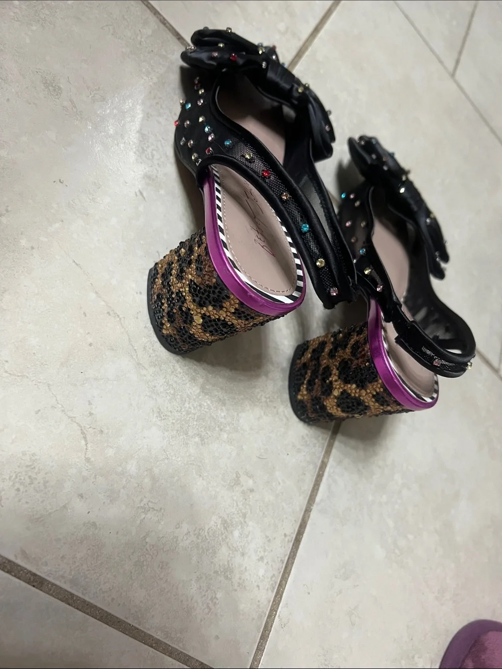 Betsey Johnson colorful embellished mesh bows with leopard block heels.